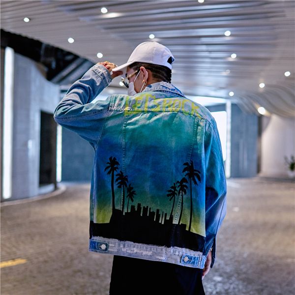 

men's hip hop color block print denim ripped jacket jeans bomber jacket spring autumn streetwear coat streetwear jeans jackets, Black;brown