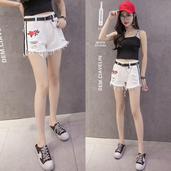 

2018 лето новый стиль корейский стиль универсальные шорты женские джинсы с дырками сыпучие-fit студенты высокого талией сеточку для похудени, Blue