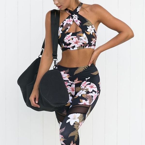 

yoga sets women gym clothes printed sport suit women 2 pieces bra and long pants training femme gym clothing for set, Black;blue