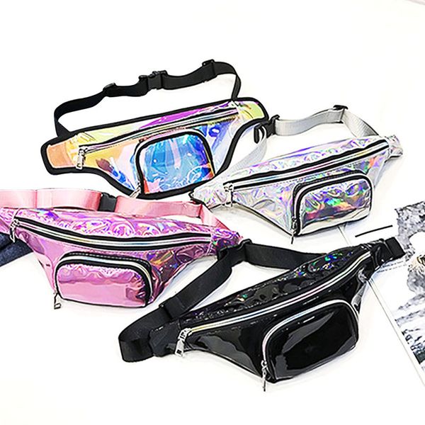 

2019 new fashion women girl punk lady rainbow pvc laser transparent fanny pack waist belt bag solid shine party chest bag