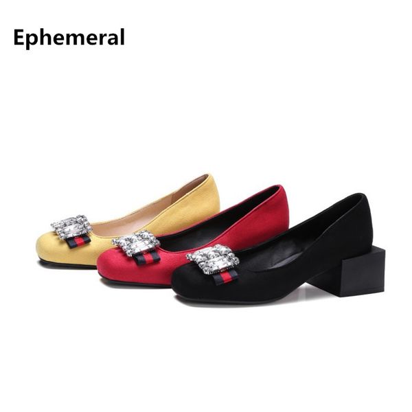 

crystal vintage shoes women square heel pumps flock round toe lady loafer red high heels shoes for party size 17 novelty heel, Black