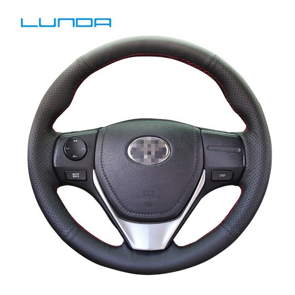 

lunda black leather car steering wheel cover for auris e'z rav4 2013 corolla 2013-2017 hand-stitched steering wheel cover