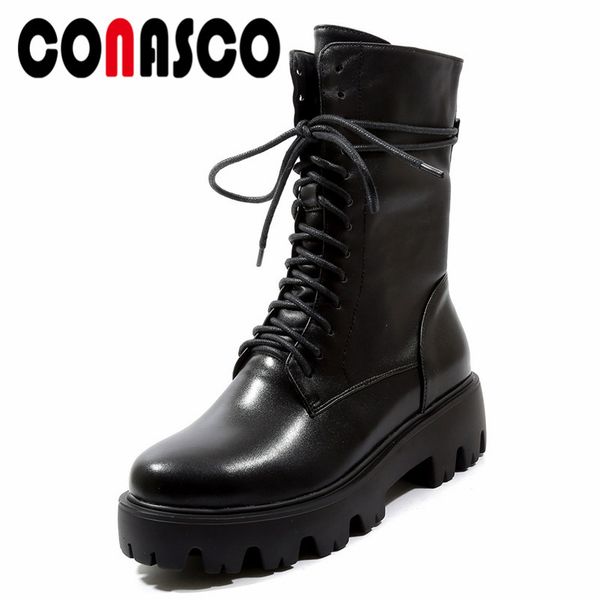 

conasco fashion women mid-calf boots thick high heels high motorcycle boots warm autumn winter platforms long party shoes woman, Black