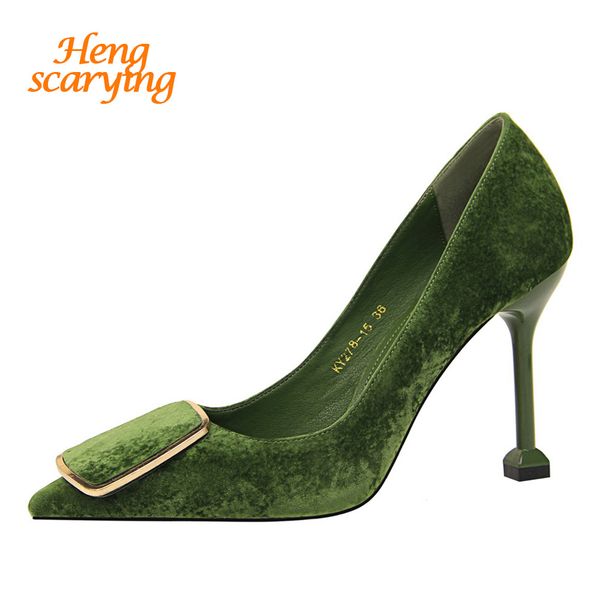 

2020 women 9cm thin high heels fashion pumps flock slim fit pointed toe buckle heels female office single green black shoes