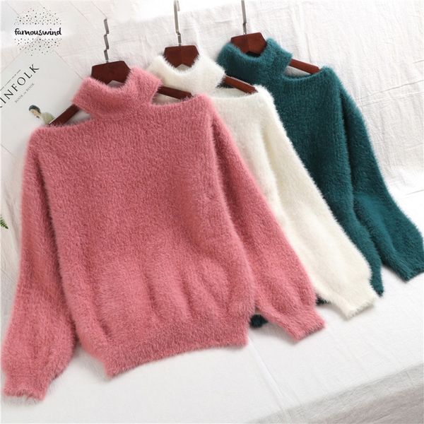 

свитер кашемира зима осень sexy с плеча мохер пуловеры вскользь водолазка норка женщины теплый прицепные femme, White;black