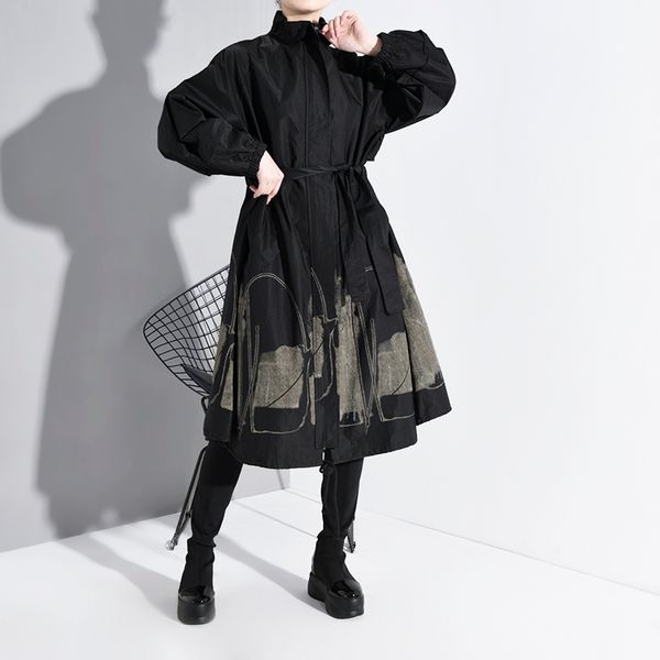 

корейская версия черный шаблон печати новый стоячий воротник с длинными рукавами свободные ветровки моды 2020 дамы весной пальто, Tan;black