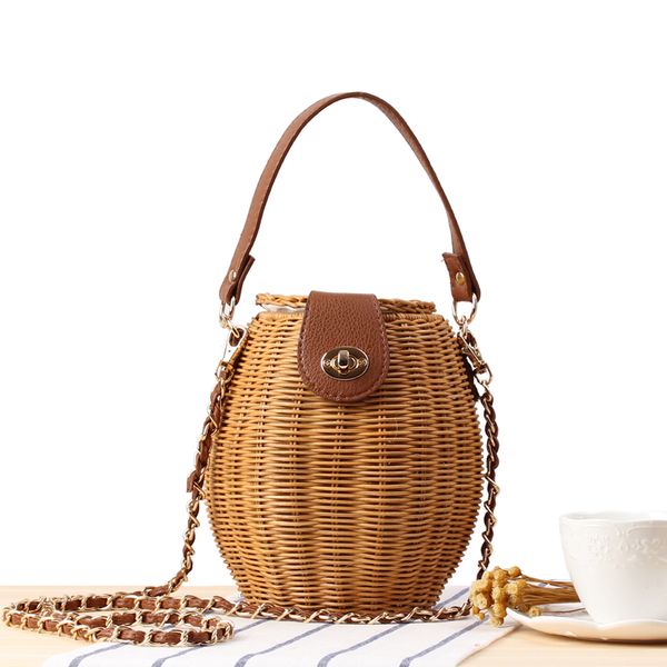 

new solid color natural rattan ladies portable messenger bag dual-use straw bag bucket weaving handbag