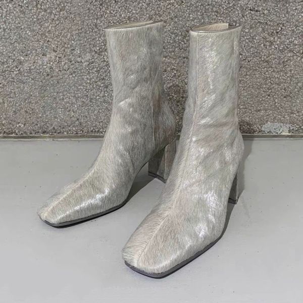 

vintage square toe women short winter boots silver grey horsehair autumn ankle booties chunky high heels botines femmes, Black