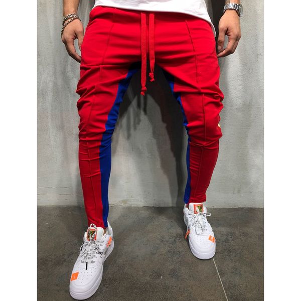 

men slacks long sport patchwork side striped pencil pants gym slim fit trousers running joggers casual sweatpants, Black