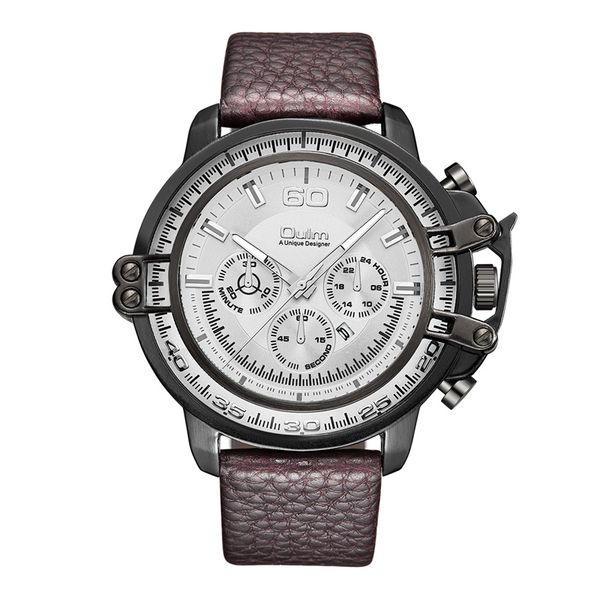 

oulm sport watches men casual genuine leather strap wrist watch male quartz hours clock men's wristwatch, Slivery;brown