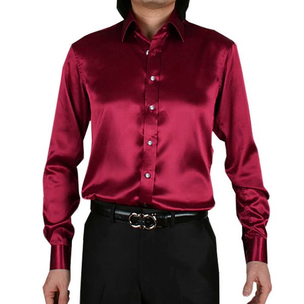 

mens shirt long-sleeved satin silk pure color wine red, White;black