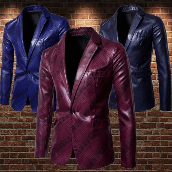 

business casual one button suits men blazer masculino slim fit plaid printed faux leather coats mens pu jacket personality red, White;black