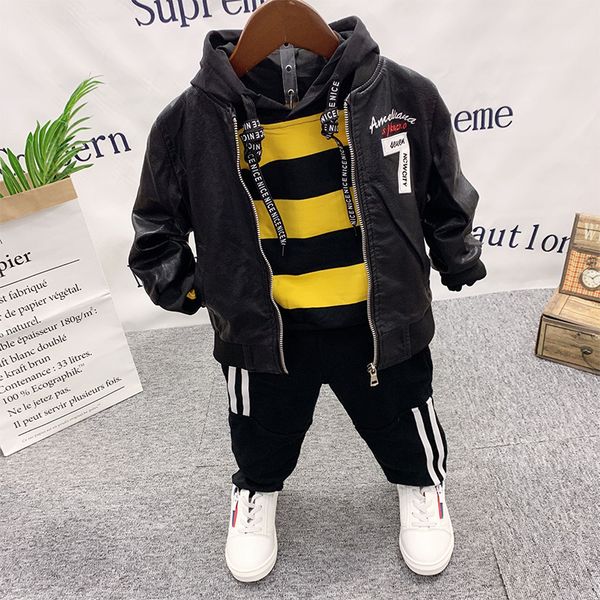 

3pcs wlg kids clothes boys outfits spring letter black pu jacket striped hoodie and pant set baby boy fashion clothing set t200413, White