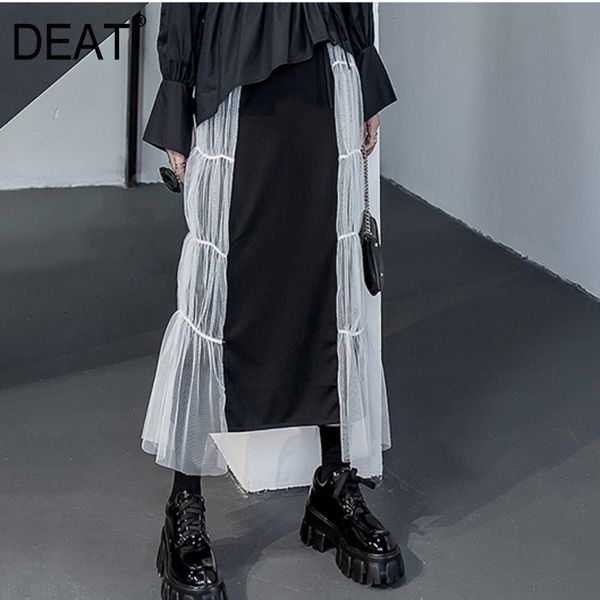 

deat] high elastic waist mesh spliced pleated mixed color half-body skirt women fashion tide new spring autumn 2020 13e366, Black