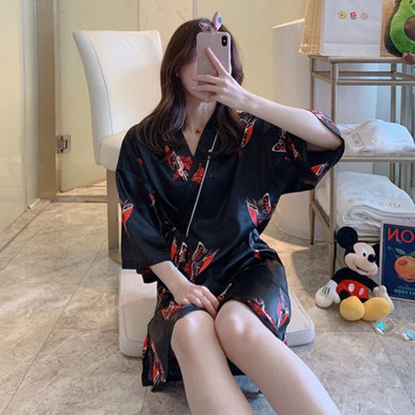 

pajama women's summer thin ice silk short sleeve lovely simulation silk spring and autumn household clothing nightgown mask, Black;red