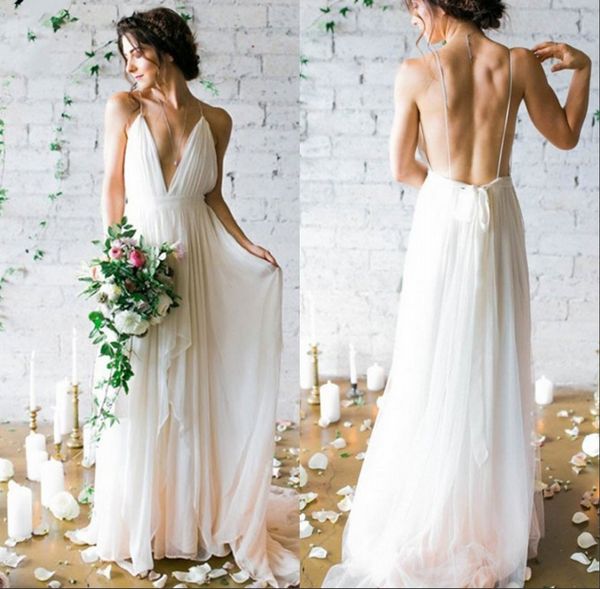 

2019 modest a-line wedding dress summer spaghetti bohemian beach backless bridal gown boho plus size dresses, White