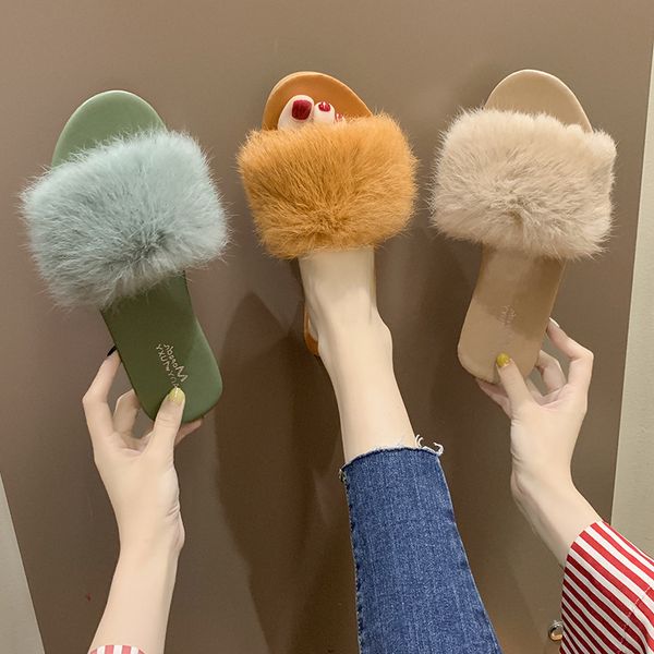 

women's fur slippers indoor flat warm furry slippers outside girls plush sandals women slides flip flop house shoes, Black