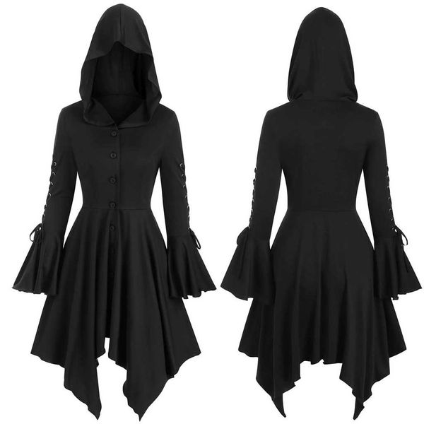 

womens pure color irregular hem hooded lace-up sleeve button up hanky hem gothic sweatshirts hoodies female camisola, Black