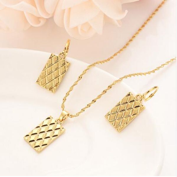 

europe geometric square jewelry set chain women nigerian wedding 14 k solid gold gf multi layer necklace pendant earring indian, Silver