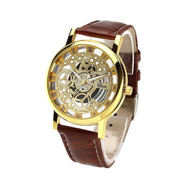 

leather band gifts for womeb fashion business skeleton watch men engraving hollow reloj hombre dress quartz watch women, Slivery;brown