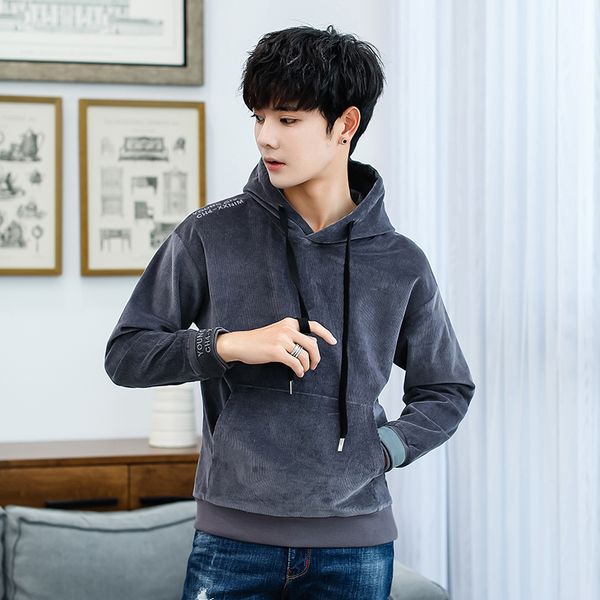 

fashion new dress man trend loose coat corduroy unlined upper garment even hat pullover gray hoodie men sweatshirt, Black