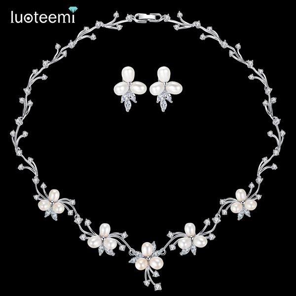 LUOTEEMI Luxus Süßwasser Perle Braut Silber-Ton Blume Klar CZ Kristall Halskette Ohrringe Set Für Frauen Jahrestag Schmuck