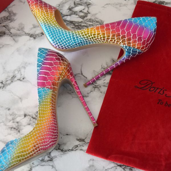 

casual designer lady fashion colorful snake luxury designer woman heels 2018 slip on pointed toe heels size 44 womens high heels shoes, Black