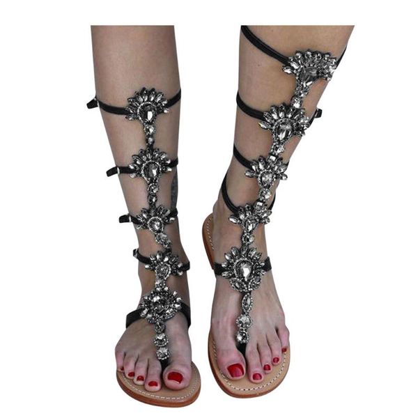 

flat sandals with rhinestone buckle woman knee high rhinestone bohemia style crystal beach shoes open toe flip flops sandals, Black