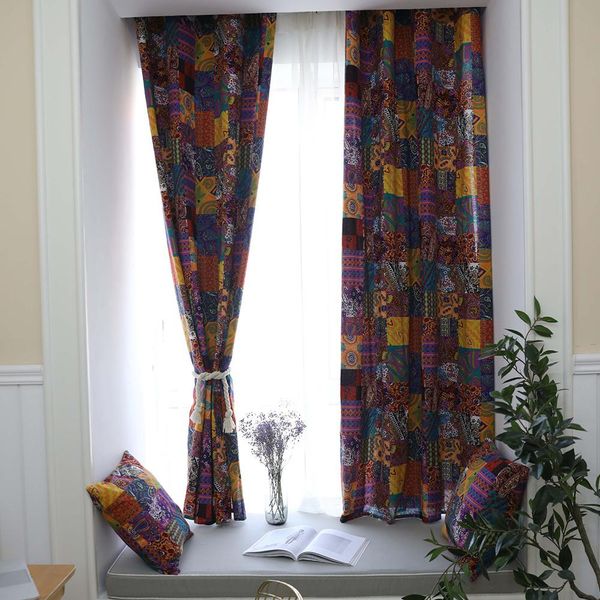 

yfashion curtain finished bohemian retro national wind curtains for living room bedroom study cotton semi-shading curtain
