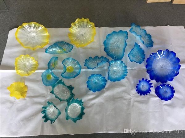 

оптовые планшеты murano цветок стены искусства синий оттенок желтый абажур декоративные рука выдувное стекло висячие тарелки с гребешка кром