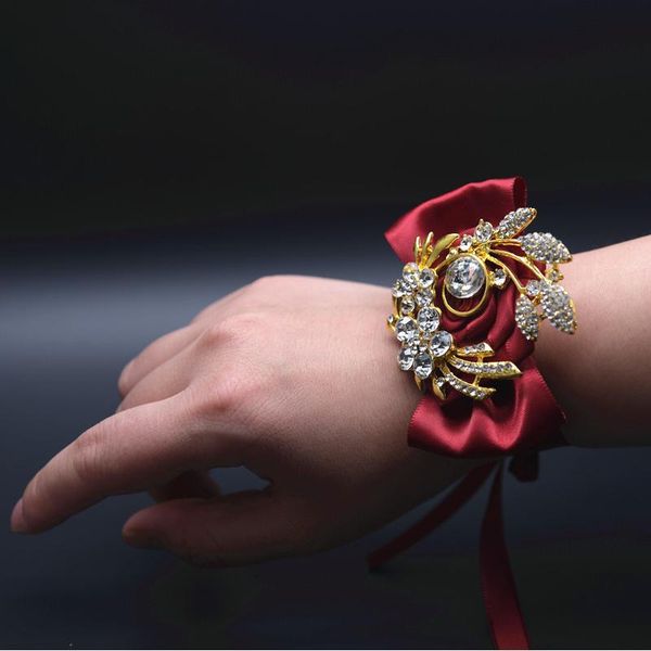 

bridesmaid hand flowers artificial bride flowers wedding doration bracelet creative rhinestone crystal wrist flower bracelet, Black