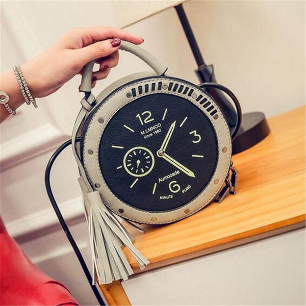 

pu leather clock pattern shoulder bag circular round messenger crossbody hand tote bags fashion cute ladies women handbags bag