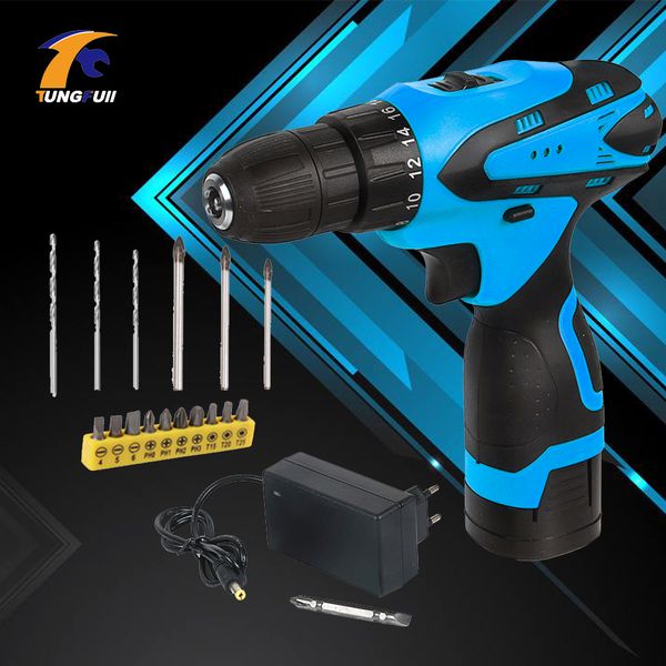 

tungfull cordless screwdriver electric drill two-speed rechargeable lithium battery electric screwdriver with 16pcs bits 16.8v
