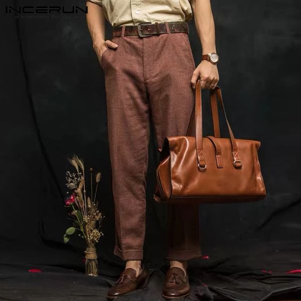 

men's pants incerun fashion men solid color suit retro slim casual straight trousers joggers mens cotton baggy lounge streetwear, Black