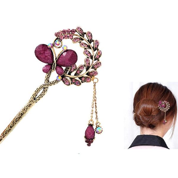 

cute fashion s vintage crystal butterfly hairpin leaf hair clip stick chopsticks with chain tassel for women girls, Golden;white