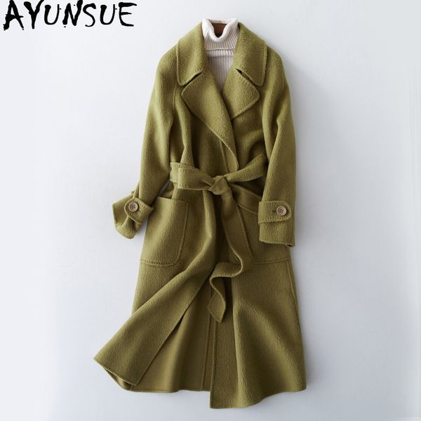 

ayunsue double size real wool coat 2019 autumn winter jacket women alpaca woolen coats and jackets women korean long jacket my, Black