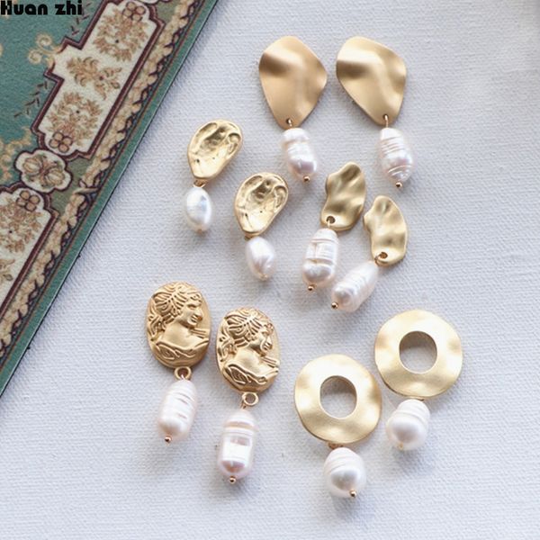 

huanzhi baroque simple gold matte metal human head face body irregular natural freshwater pearl earrings for women girl, Golden;silver