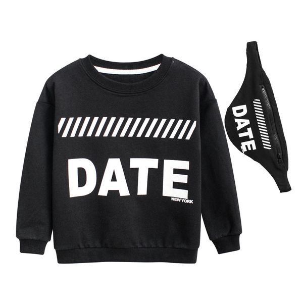 

spring autumn new sweatshirt kids o-neck cotton date letter print baby boys girls hoodies with purse casual korean modis clothes, Black