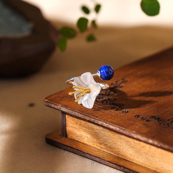 

s925 sterling silver flower ring jewelry fashion women natural lapis lazuli ring, Golden;silver