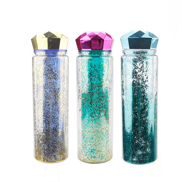

новый творческий двухстенными изолированного пластиковой бутылки воды бутылку с водой на заказ блестки с ромбовидной крышкой