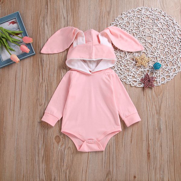 

toddler baby girls boys 3d ear bunny hooded bodysuit long sleeve pink solid cotton warm jumpsuits outfit 0-18m, White