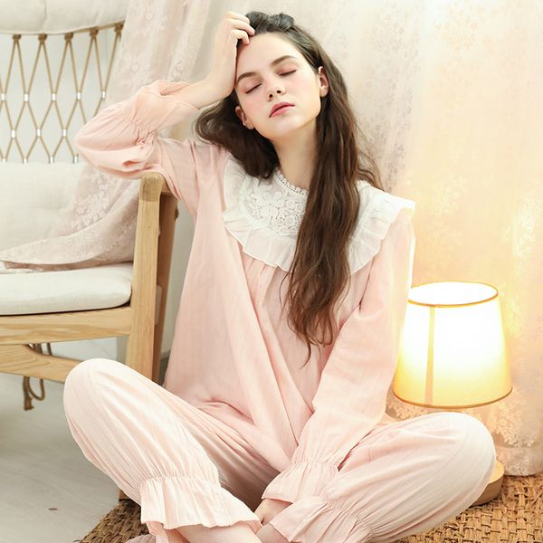 

2019 camison vintage princess night suits ladies lace cotton pajama set women white ruffles night wear home suit lounge set, Black;red