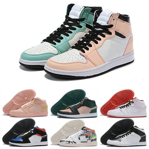 

2019 new jumpman 1 high what the pink green gold graffiti basketball shoes fashion women mens 1s sports sneakers size 36-45, White;red