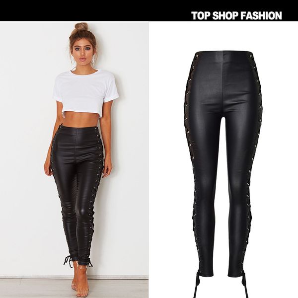 

pu leather femme shinny moto & pencil pants black high waist button ladies denim stretch side bandage women's jeans, Blue