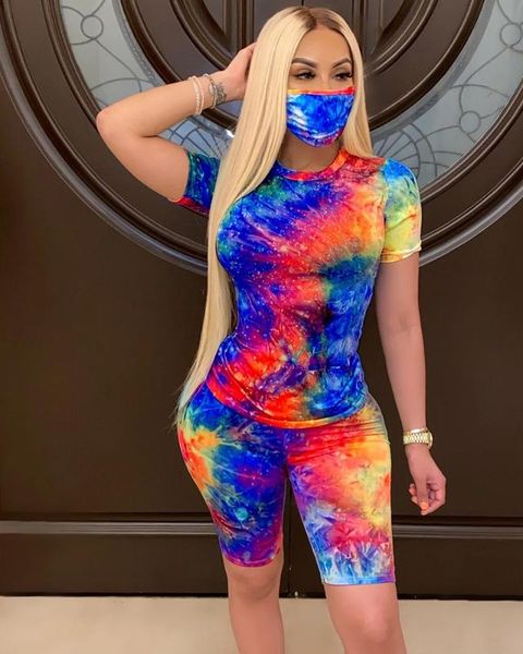

2020 summer new suit women 's tie-dye round neck casual fashion home athletic t-shirt shorts two - piece set, White