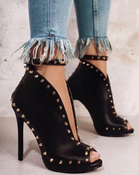 

rivets lace up boots booties woman 2020 high heels round toe shoes stiletto fabric pu solid ankle flock fretwork lace-up basic, Black