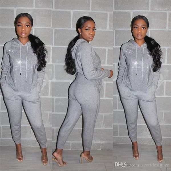 

спортивные костюмы с длинным рукавом сплошной цвет женские блестки tracsuits с капюшоном дамы пуловер из двух частей костюмы мода женская ди, Gray