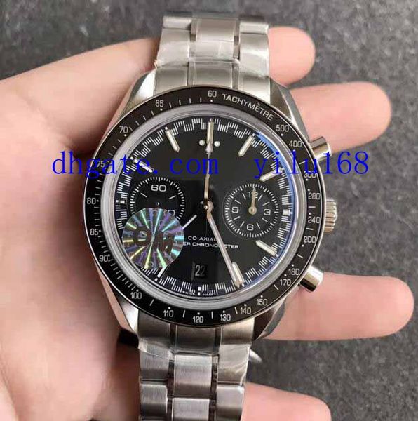 

men's 44mm om factory moonwatch chronograph black dial with functional watch black tachymeter bezel eat 9900 7750 316f bracelet watch, Slivery;brown