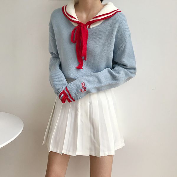 

4 color new harajuku winter sweater female sweet preppy style lace up women sweater embroidery long sleeve striped pullover, White;black