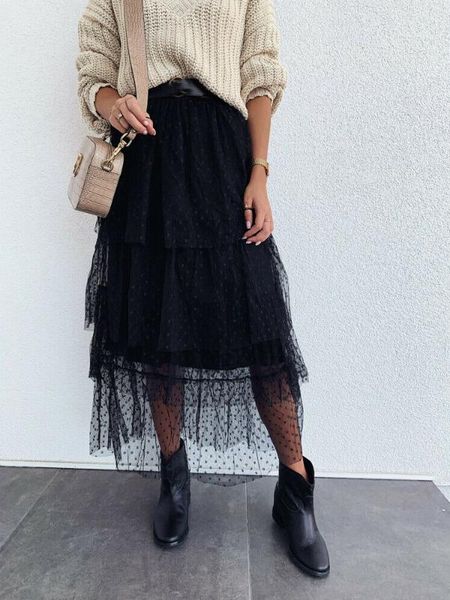 

skirts fashion womens girl high waist tutu long skirt prom party club tulle polka dot layered elegant ladies streetwear, Black